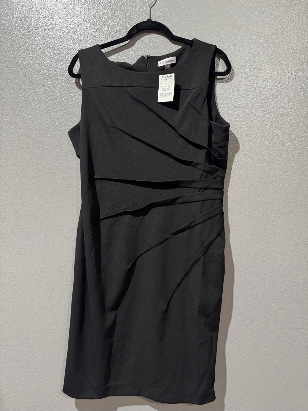 Calvin Klein Black Sleeveless Pleated Sheath Dress with Asymmetric Paneling